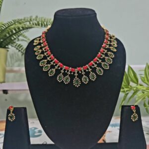 Red Coral & Green Stone Necklace Set