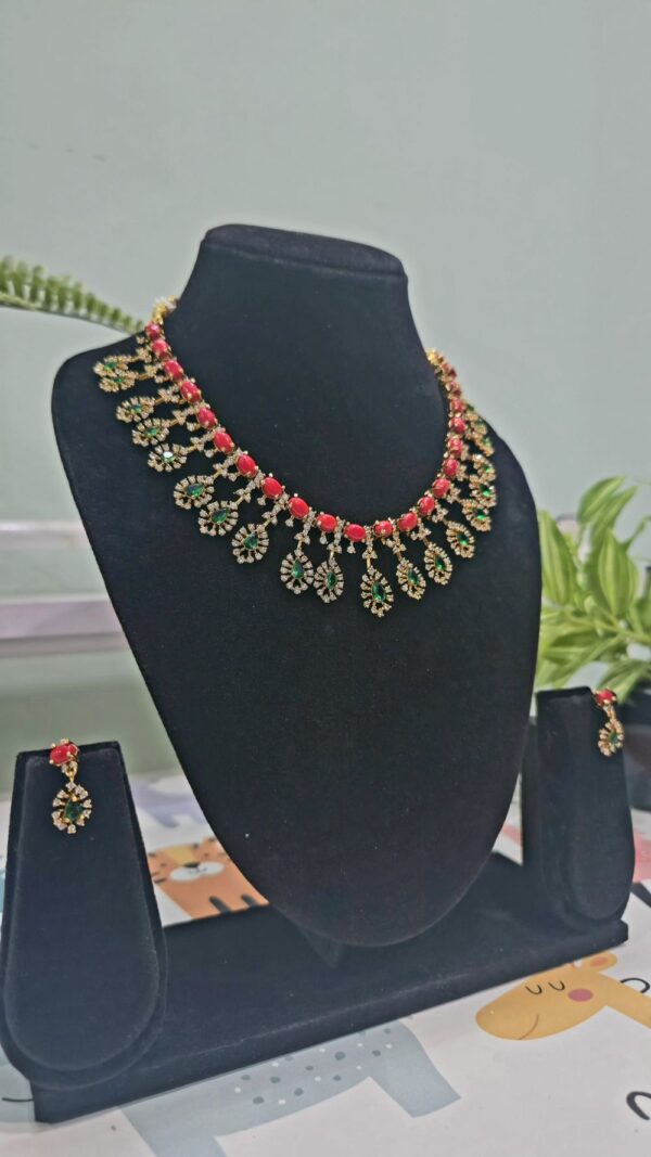 Red Coral & Green Stone Necklace Set - Image 2
