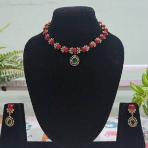 Mehendi Polish Coral Necklace with Green Stone Locket