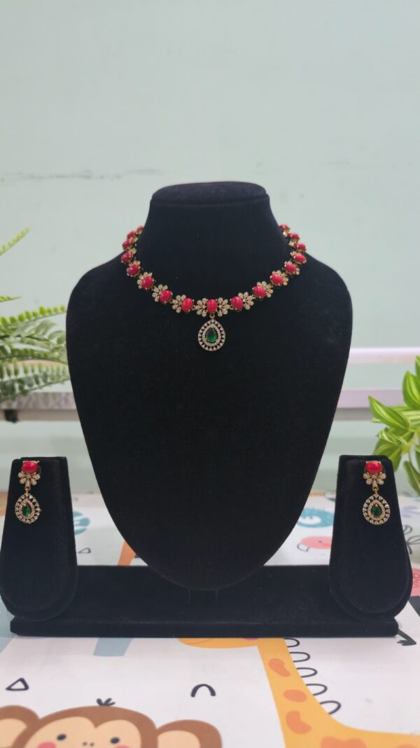 Mehendi Polish Coral Necklace with Green Stone Locket