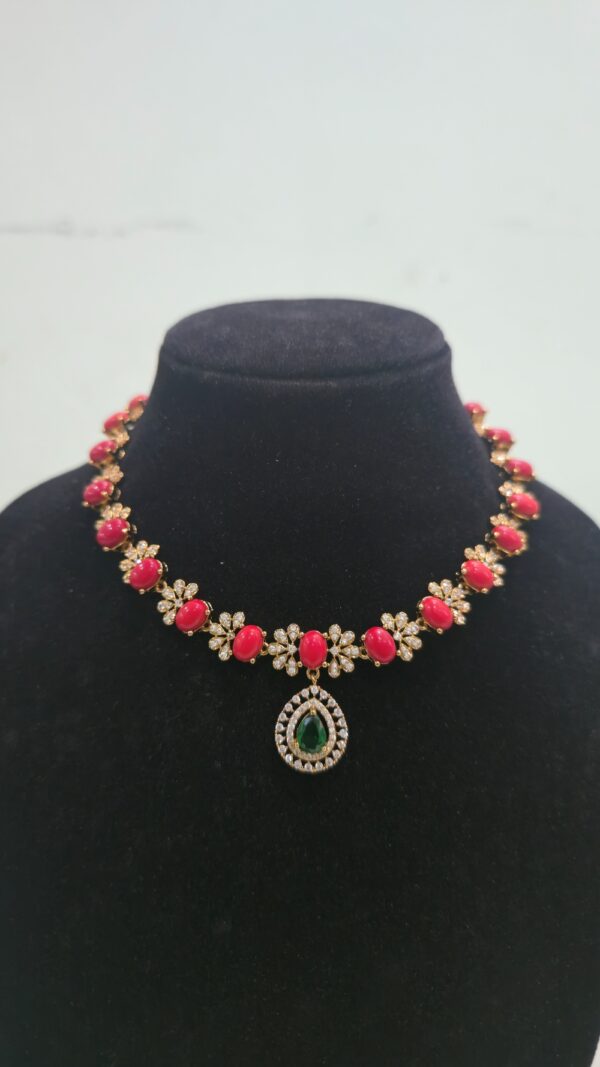 Mehendi Polish Coral Necklace with Green Stone Locket - Image 4