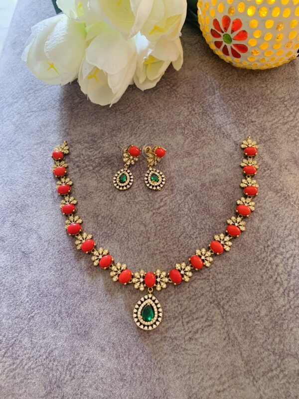 Mehendi Polish Coral Necklace with Green Stone Locket - Image 7