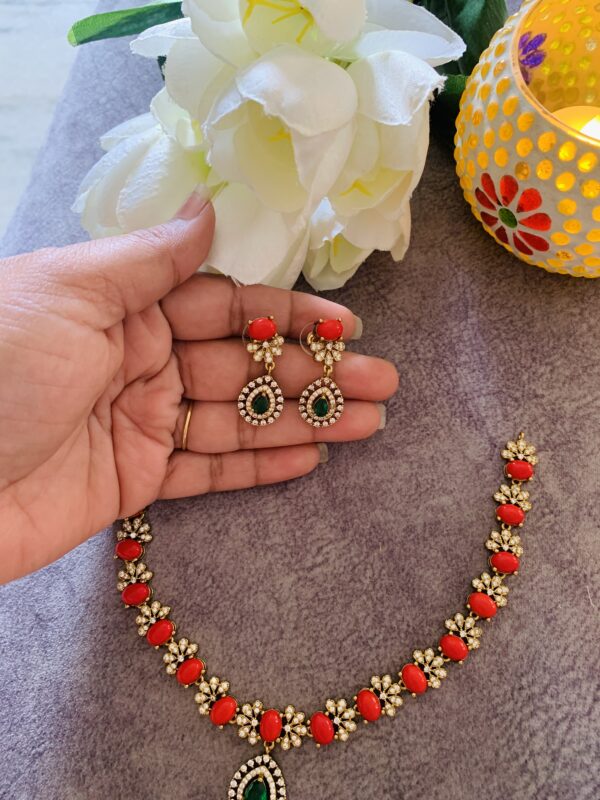 Mehendi Polish Coral Necklace with Green Stone Locket - Image 6
